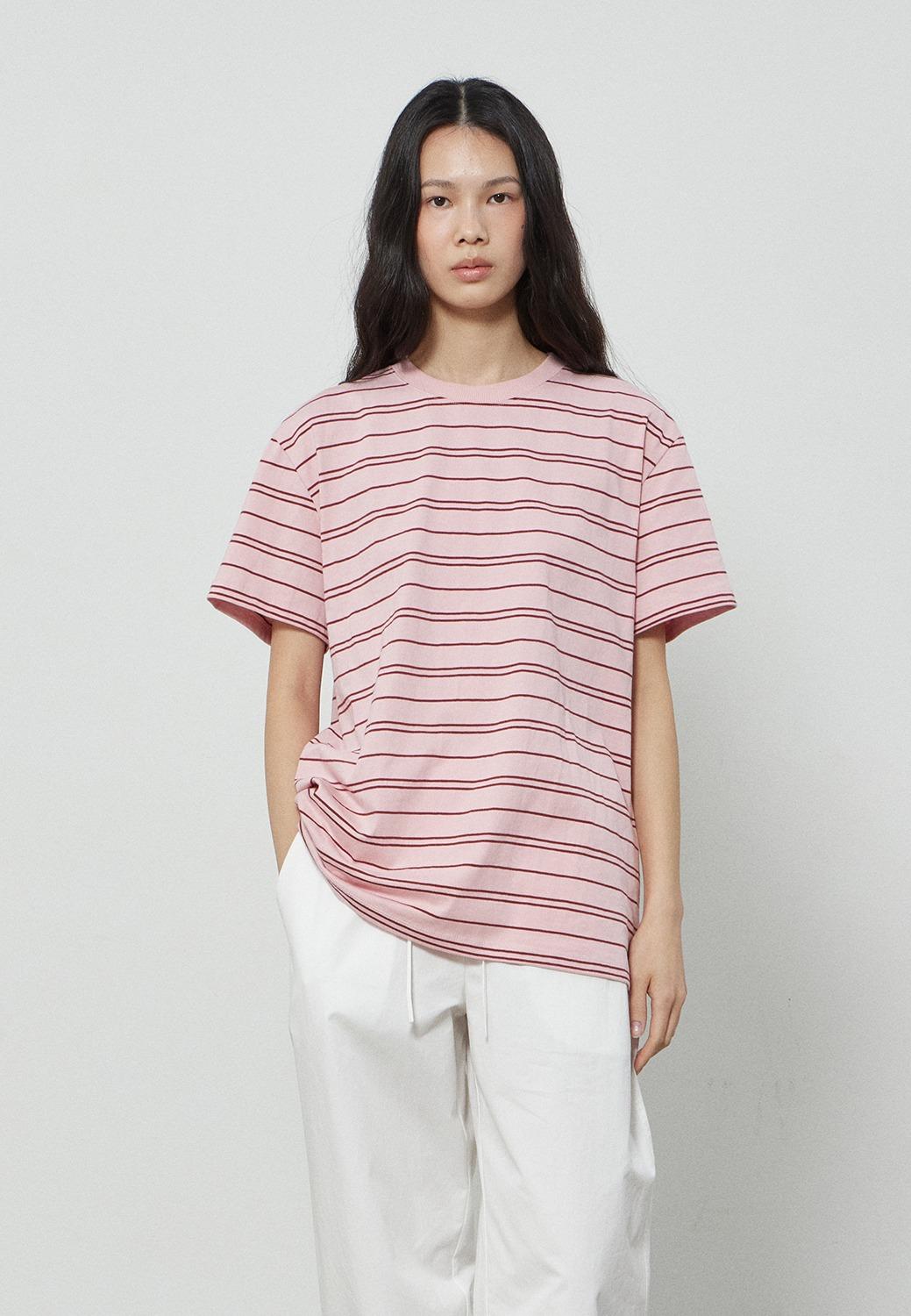 OVER FIT STRIPE T-SHIRT - PINK