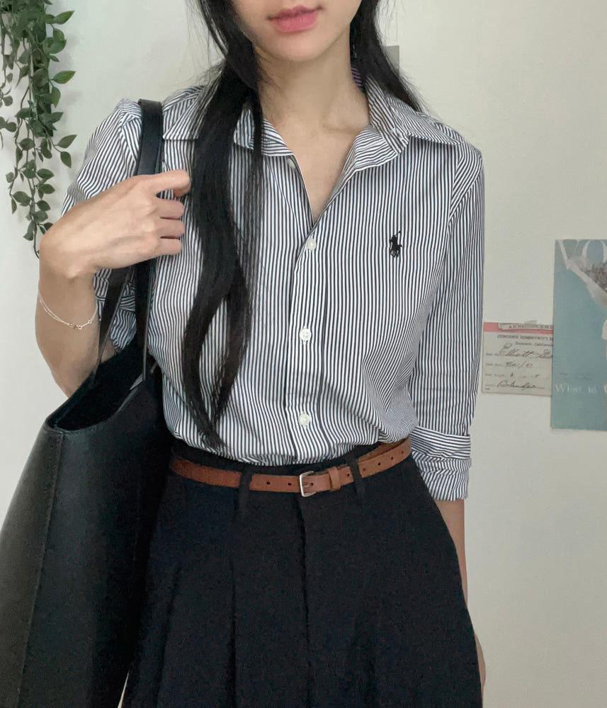 폴로랄프로렌 여성 클래식핏 스트라이프 포플린 셔츠 (블랙)