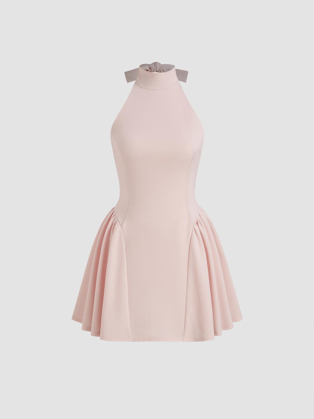 Halter Neck Knotted Backless Ruffle Mini Dress