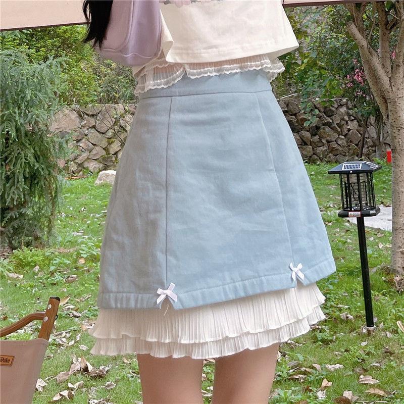 Harajuku Kawaii Fashion Fairycore Double Layer Blue A line Skirt - L
