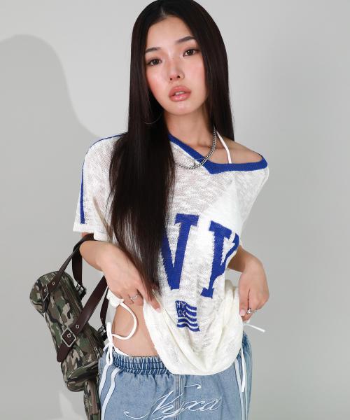 NY FLAG V-NECK KNIT HEATHER GRAY