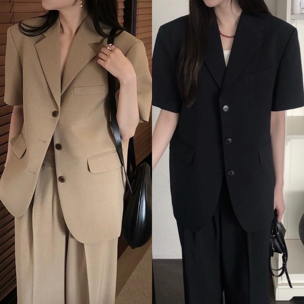 언노운센트 베이지당일 오버클래식 클래식 하프 여름 반팔 카라 하객룩 여성 정장 셋업 자켓 2color