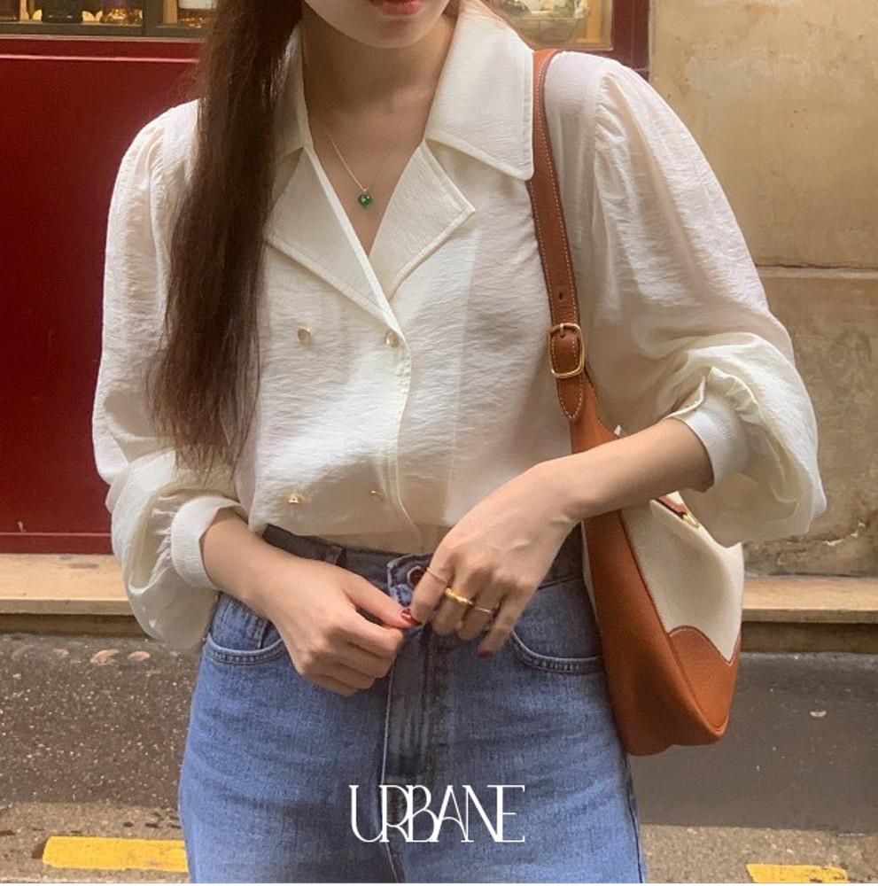 [자체제작] 모네 여성 가을 카라 새틴 셔링 블라우스 퍼프블라우스 (당일 3c)