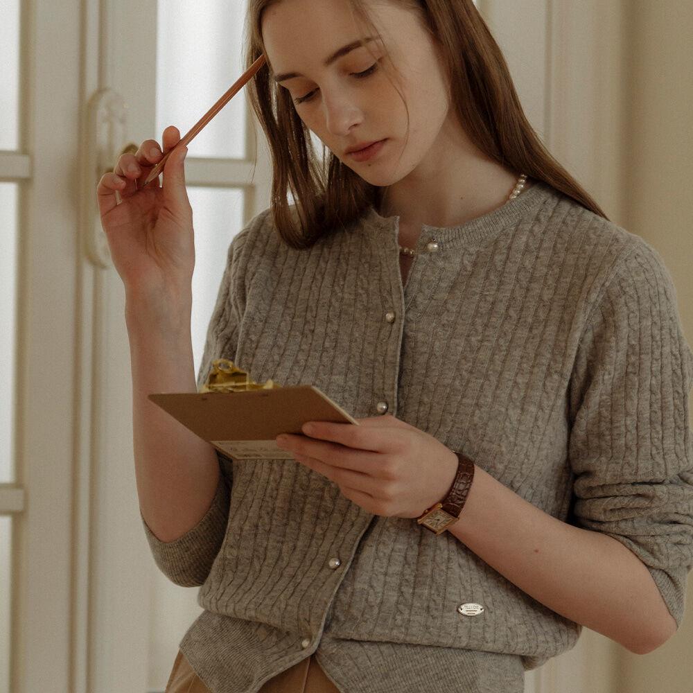 [당일출고]Cashmere pearl button cable cardigan_Light gray