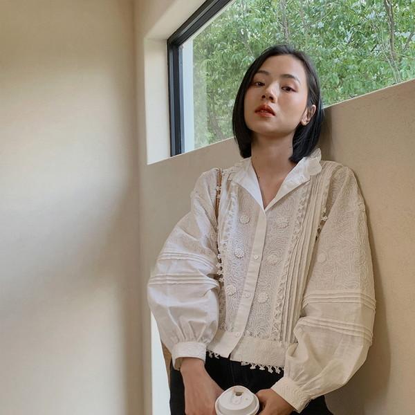 Mually Ramie Lantern Sleeve White Shirt