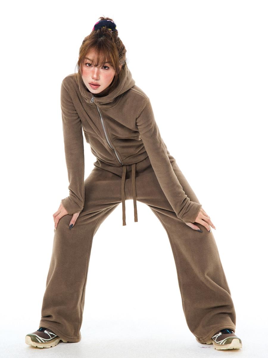 YOUNG STAGE Fleece High-Neck Zip-up Hoodie & Straight Pants Training Set-up (2color)