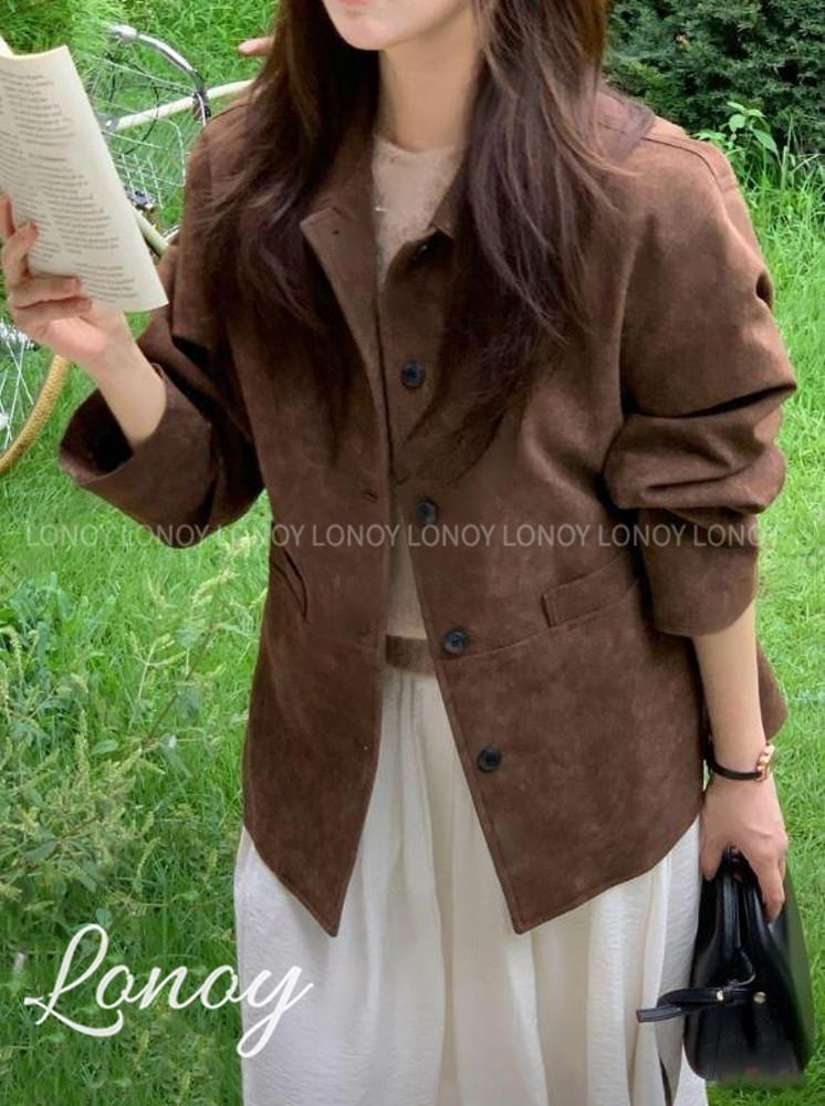 (당일) 미엘 더벤자켓 2col 가을 브라운 카멜 여성 카라넥 가죽 스웨이드 miel