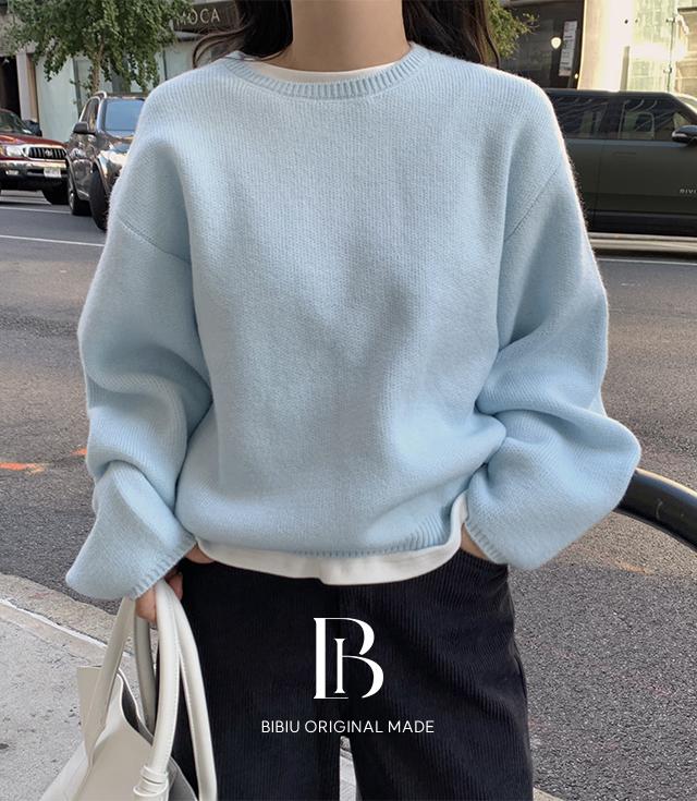 삐뽕언니 [B-MADE/맨투맨핏💖]킨더 오버핏 라운드니트(7color) [파스텔 루즈핏 시보리 드롭숄더 아방 핑크 색감]