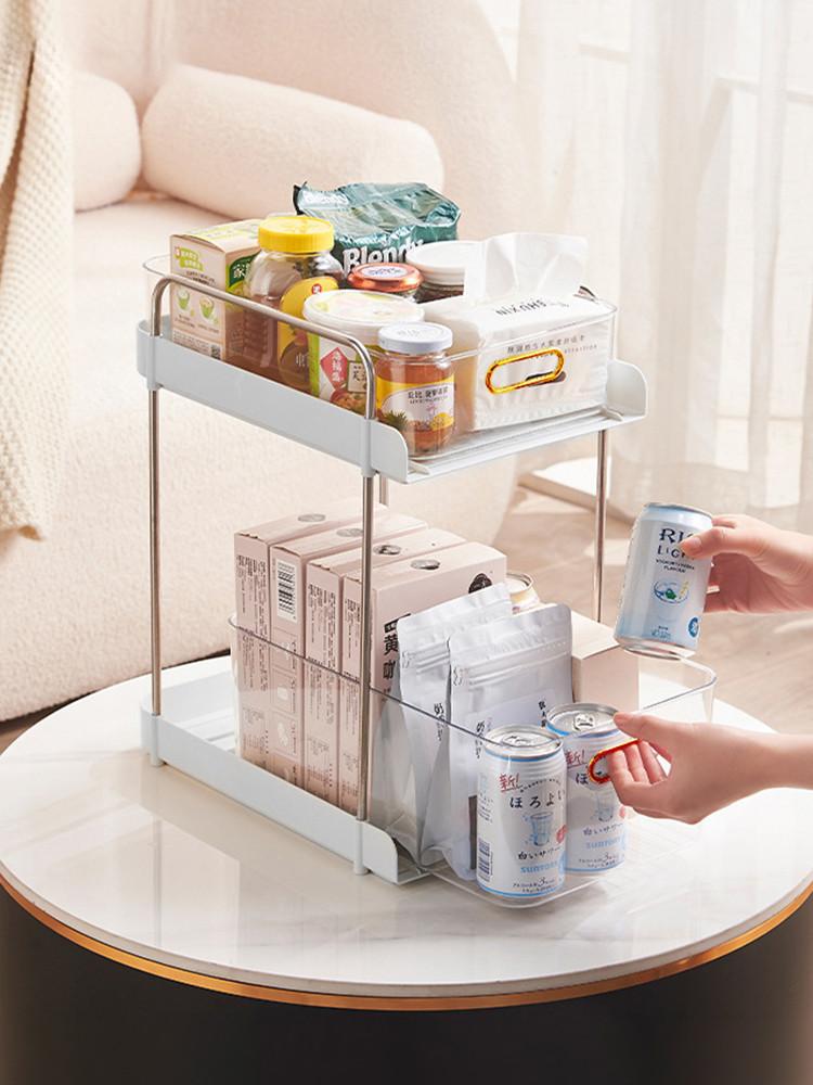 투명 슬라이드 트롤리 선반 360도 이동식 2단 모듈 수납 정리함 웨건