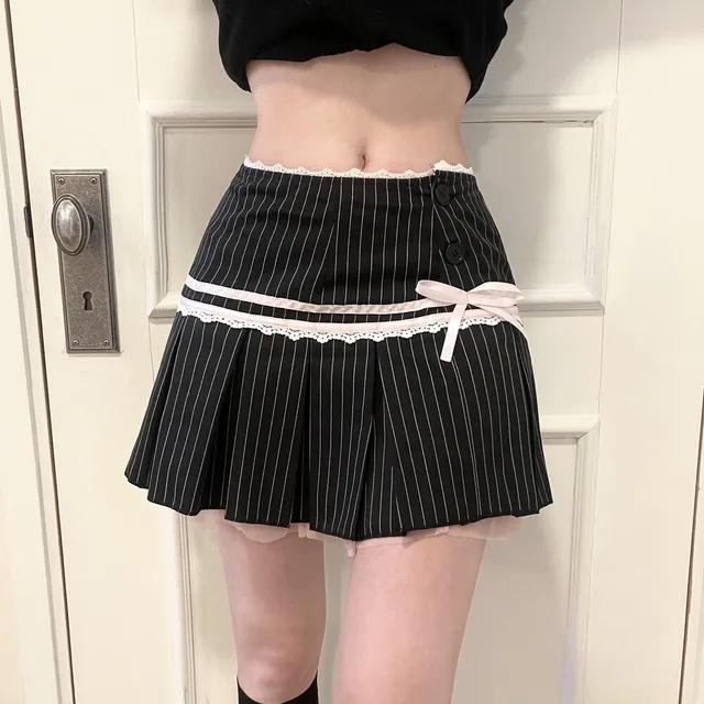 1165. Lace ribbon stripe pleats mini sk