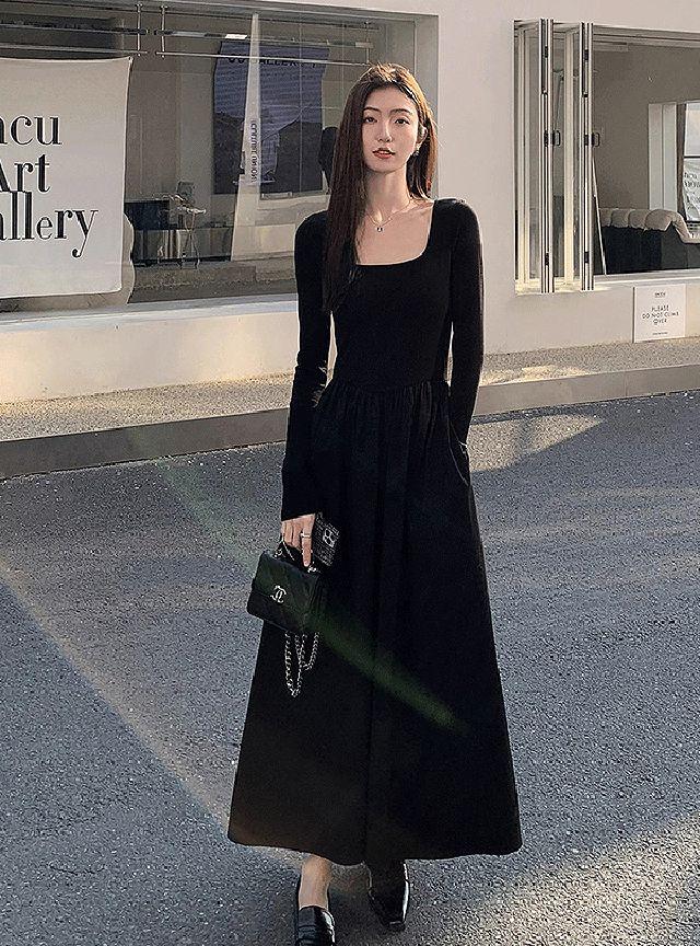 비비 스퀘어넥 A라인 롱 원피스