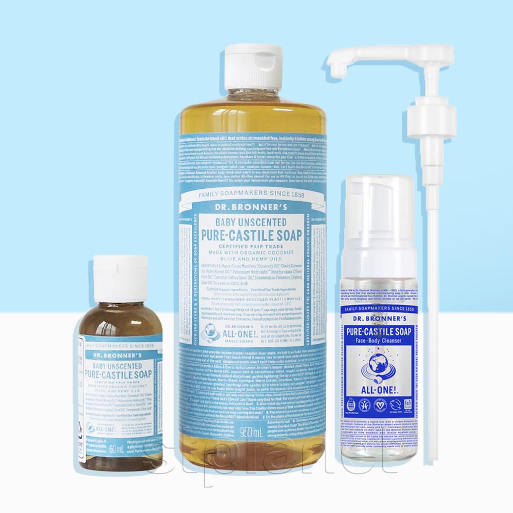 닥터브로너스 풀패키지 950ml+60ml+거품용기 펌프 베이비 언센티드 남자 올인원 등드름 매직솝 향좋은 대용량 천연 캐스틸솝