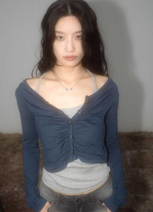 SOFFY SHIRRING CARDIGAN / BLUE-GREEN