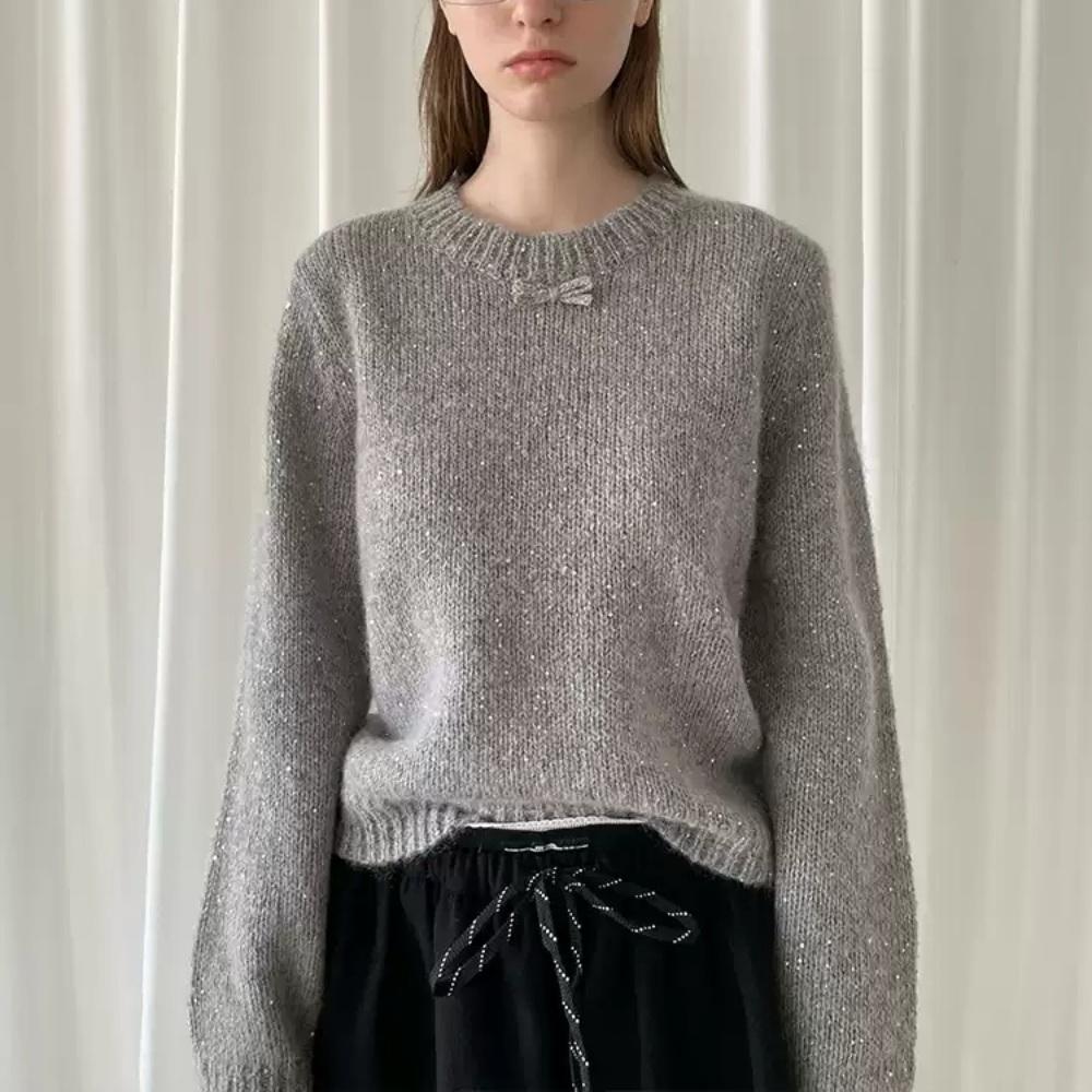 PFF GIRL 스웨터 그레이 모헤어 진주 스팽글 라운드넥 리본 스웨터