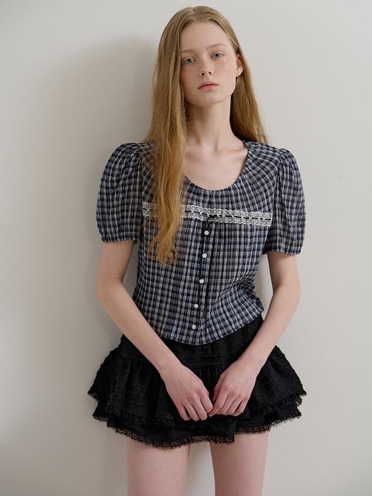 CHECK RIBBON LACE BLOUSE - NAVY