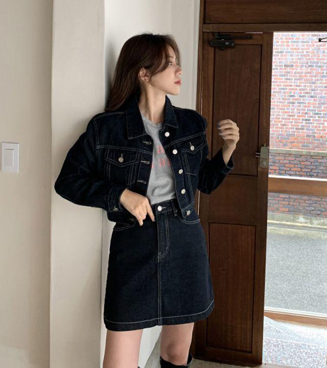 [쿠폰]*최저가보장!! [SET/md추천!!] 크롭 생지 자켓 스커트 투피스 셋업 세트/딥플리생지셋업