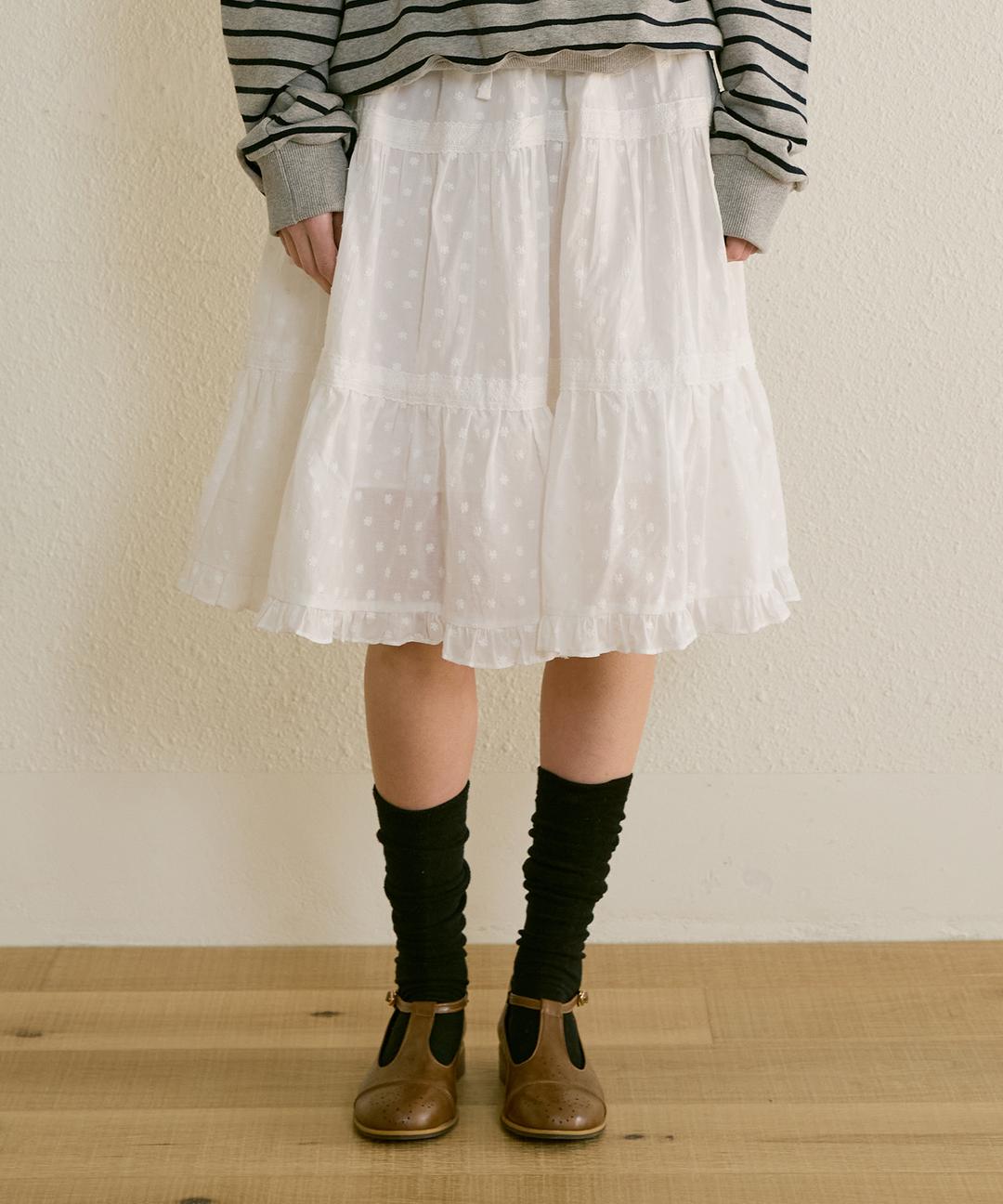 Flower Lace Cancan Midi Skirt (White)