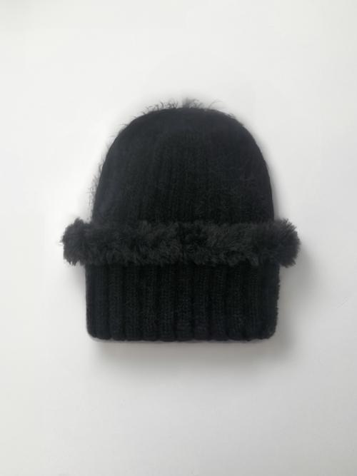 ANGORA KNTTIED FUR BEANIE BLACK (ORDER MADE)