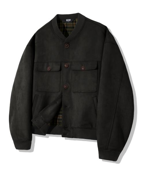 투 포켓 버튼 스웨이드 봄버 자켓_블랙