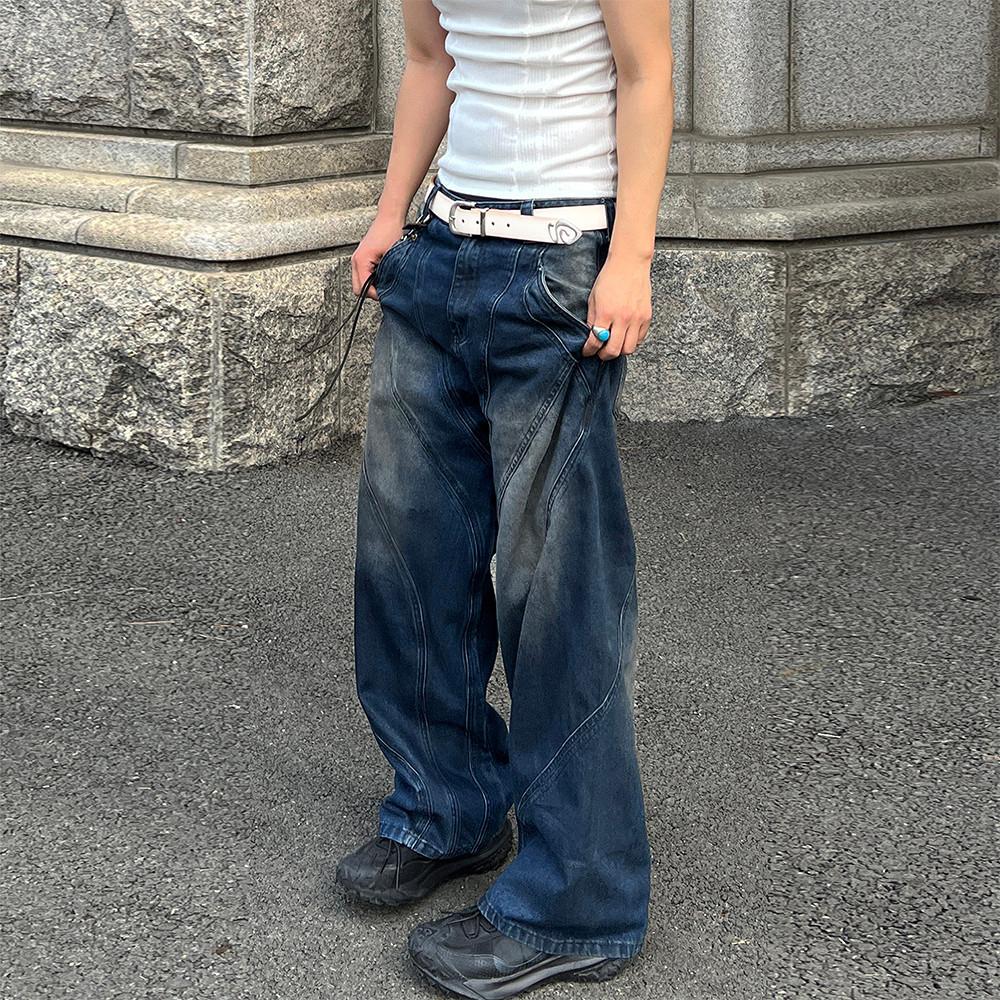 Wavy biker washed denim 남자와이드청바지 남자중청바지