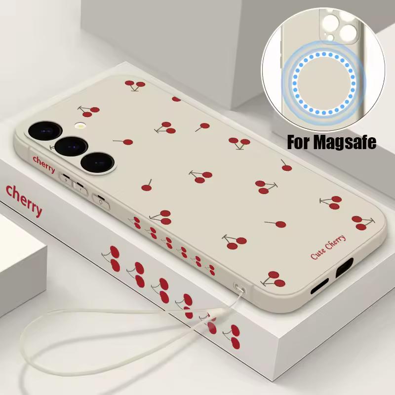 삼성 갤럭시 S24 FE S25 S24 S23 S22 울트라 플러스 Magsafe 무선 충전 끈 커버에 대한 작은 체리 소프트 마그네틱 케이스