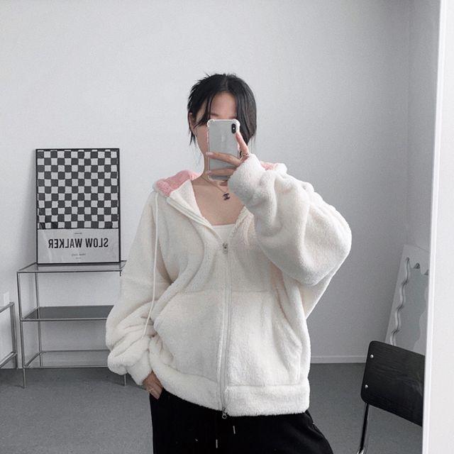 왕도톰 오버핏 양털 후리스 후드배색 박시 후드집업 (4color) _미닛마켓