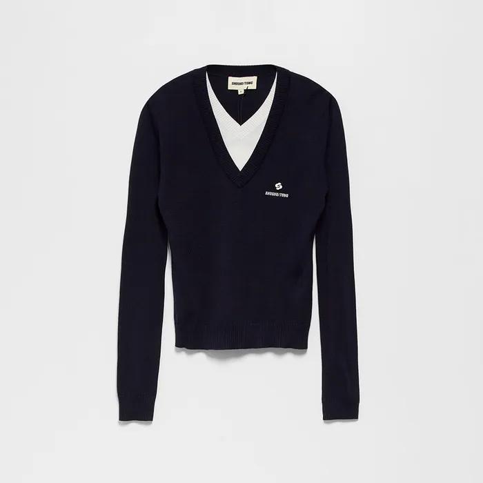 (W) Patchwork V-neck knit top (navy blue)
