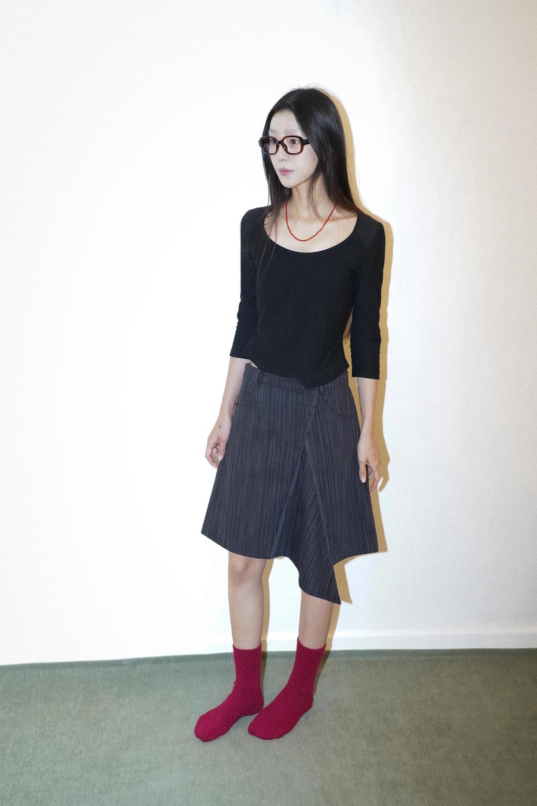 stripe denim midi skirt