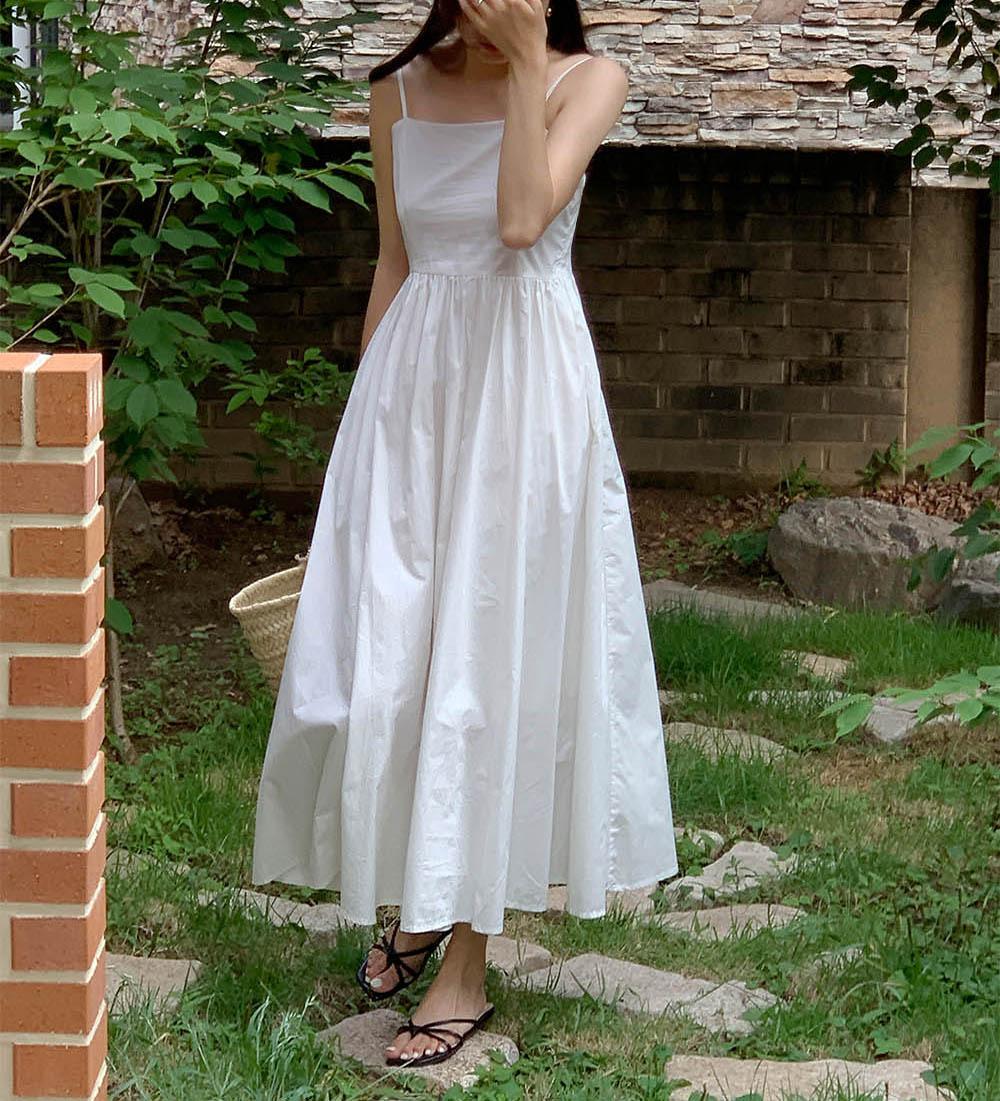 우디 뷔스티에 여름 셔링 나시 플레어 A라인 바캉스 휴가룩 맥시 코튼 롱 원피스