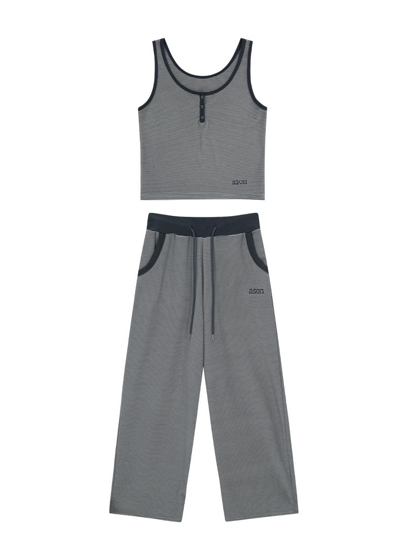 [SET] RIN STRIPE SLEEVELESS & PANTS / BLUE GRAY