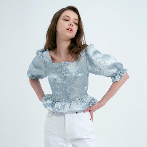 wavy puff square neck blouse glossy blue