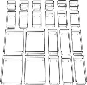 SMARTAKE 22-Piece Drawer Organizer with Non-Slip Silicone Pads, 4-Size Clear Desk Drawer Organizer Trays Storage Tray for Makeup, Jewelries, Utensils in Bedroom Dresser, Office and Kitchen, Clear