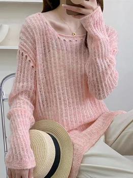 Solid Color Cutout Slit Thin Long Sleeve Knit