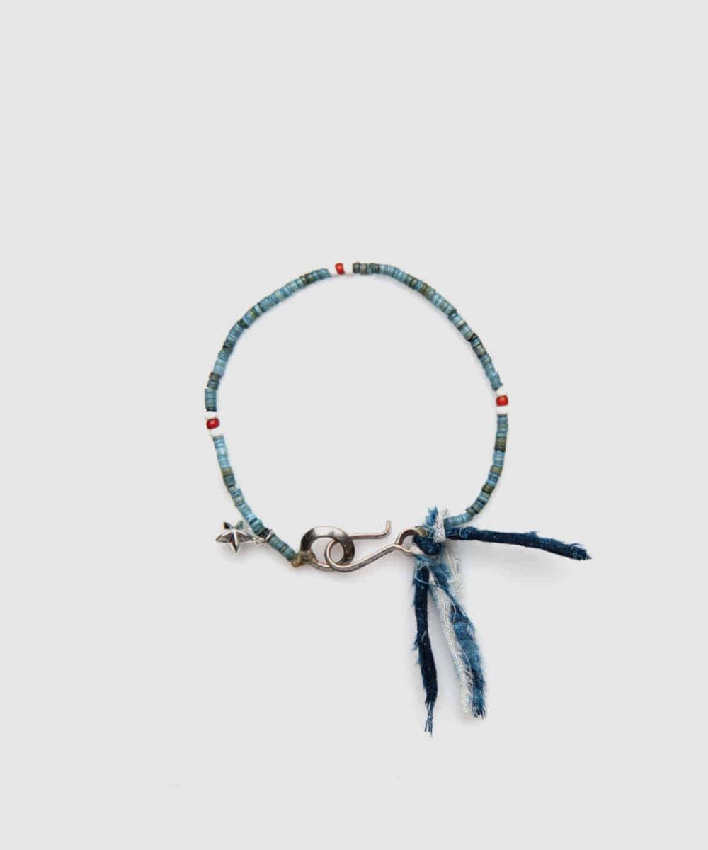Indigo Dyed Shell & White hearts Beads Bracelet (D-620)