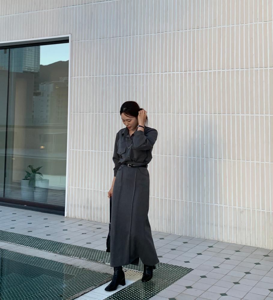 [무배] 카라 셔츠 자켓 롱스커트 투피스 세트 (2color)