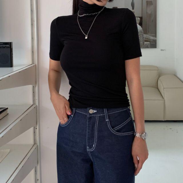 [인기상품] 얇은 목폴라 반팔 폴라티 반폴라 목폴라 목폴라티 세미 크롭 반팔티 5컬러