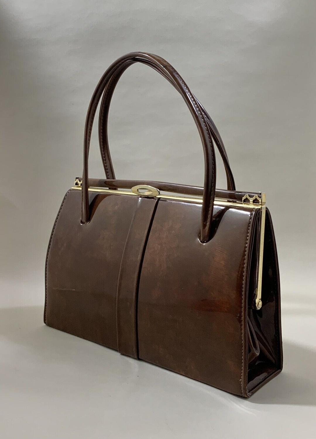 MacLaren Well Loved 1960s Vintage Brown Patent Handbag Fabric Lined Elbief Frame