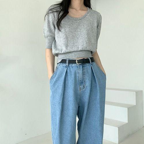 캐시 U넥 퍼프 반팔 니트 - 4 color