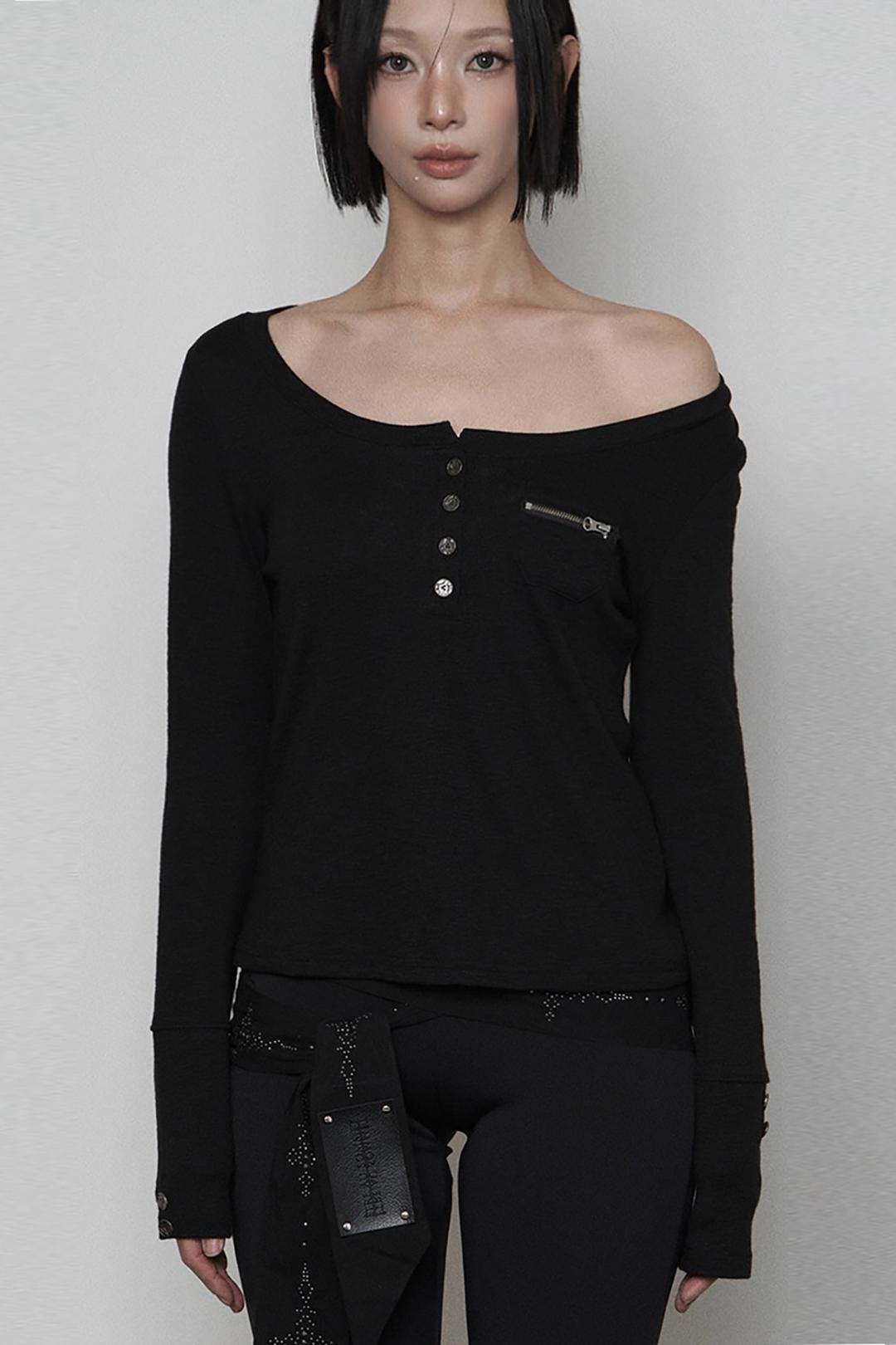 Henley neck Button Pocket Long sleeve (BALCK)