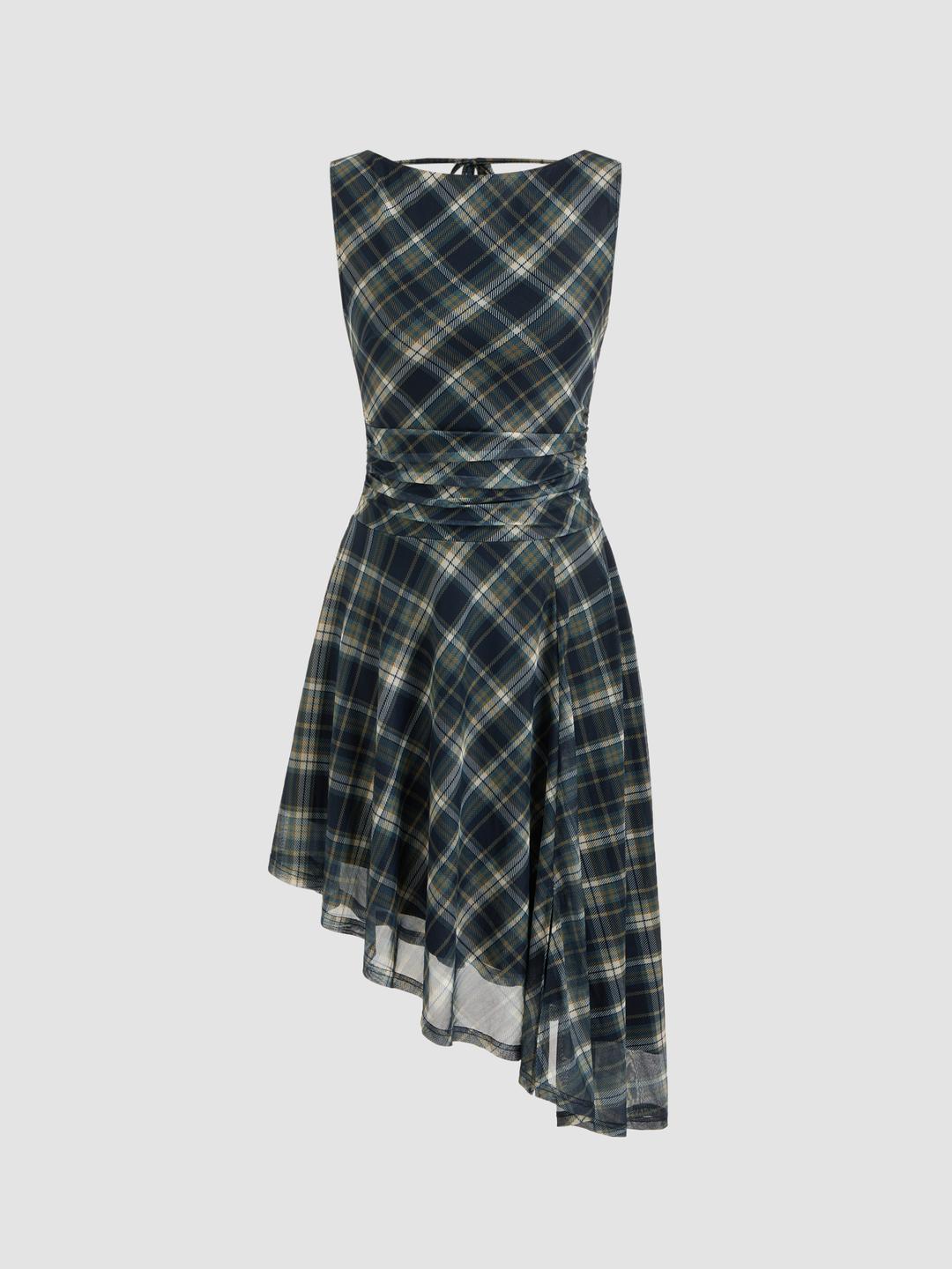 Boat Neck Backless Plaid Ruched Asymmetrical Hem Midi Dress