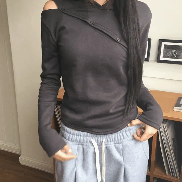[기모안감] 위첼 절개 트임 버튼 후드 긴팔 티셔츠