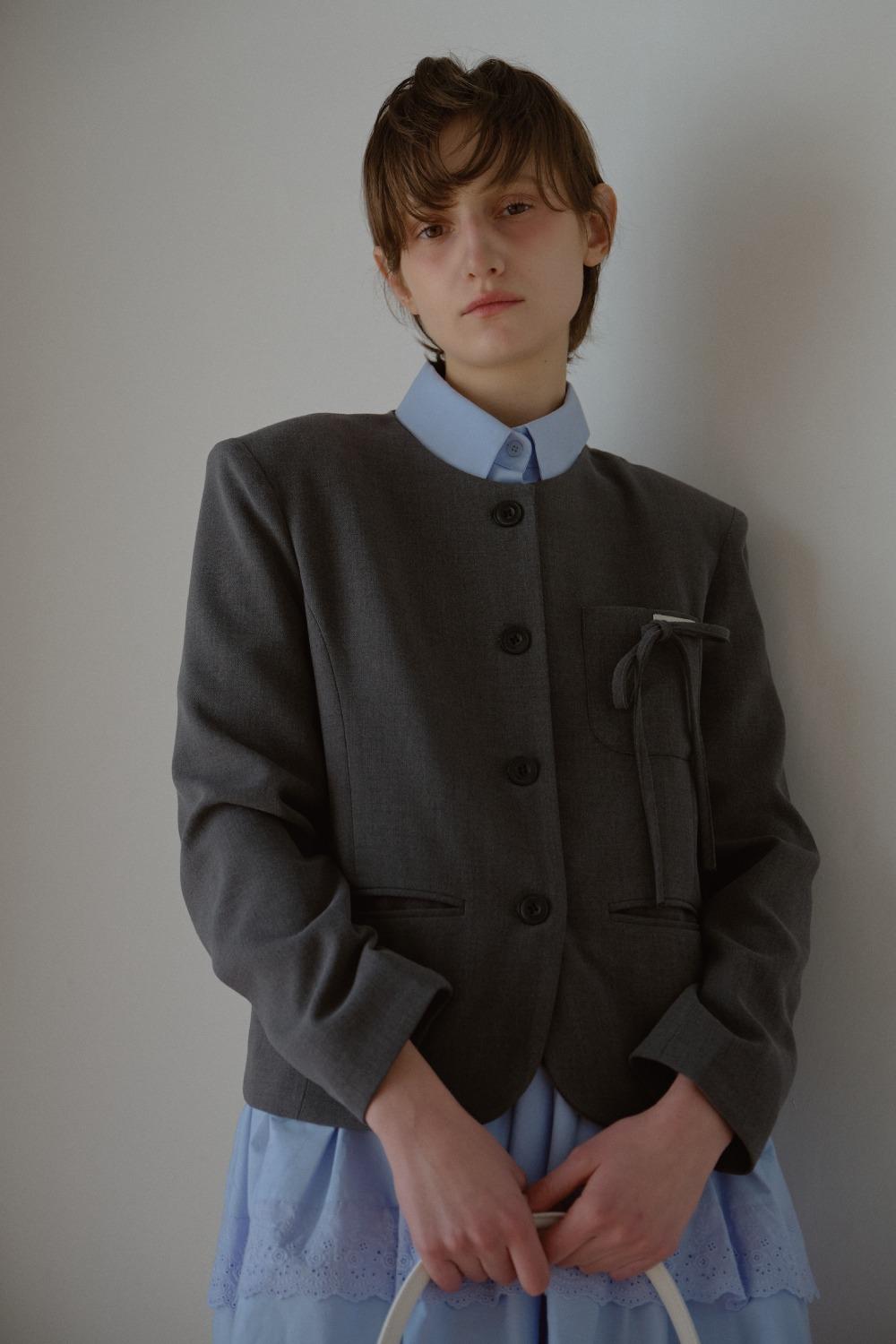 ROUND NECK RIBBON JACKET_DARK GREY