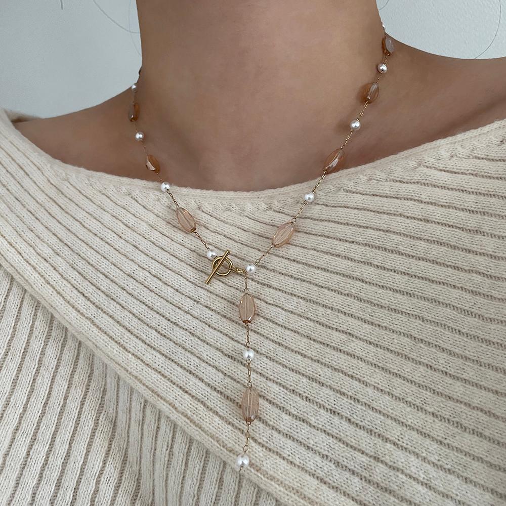 [MADE] evv 써지컬스틸 롱 드롭 토글바 크리스탈 진주 목걸이