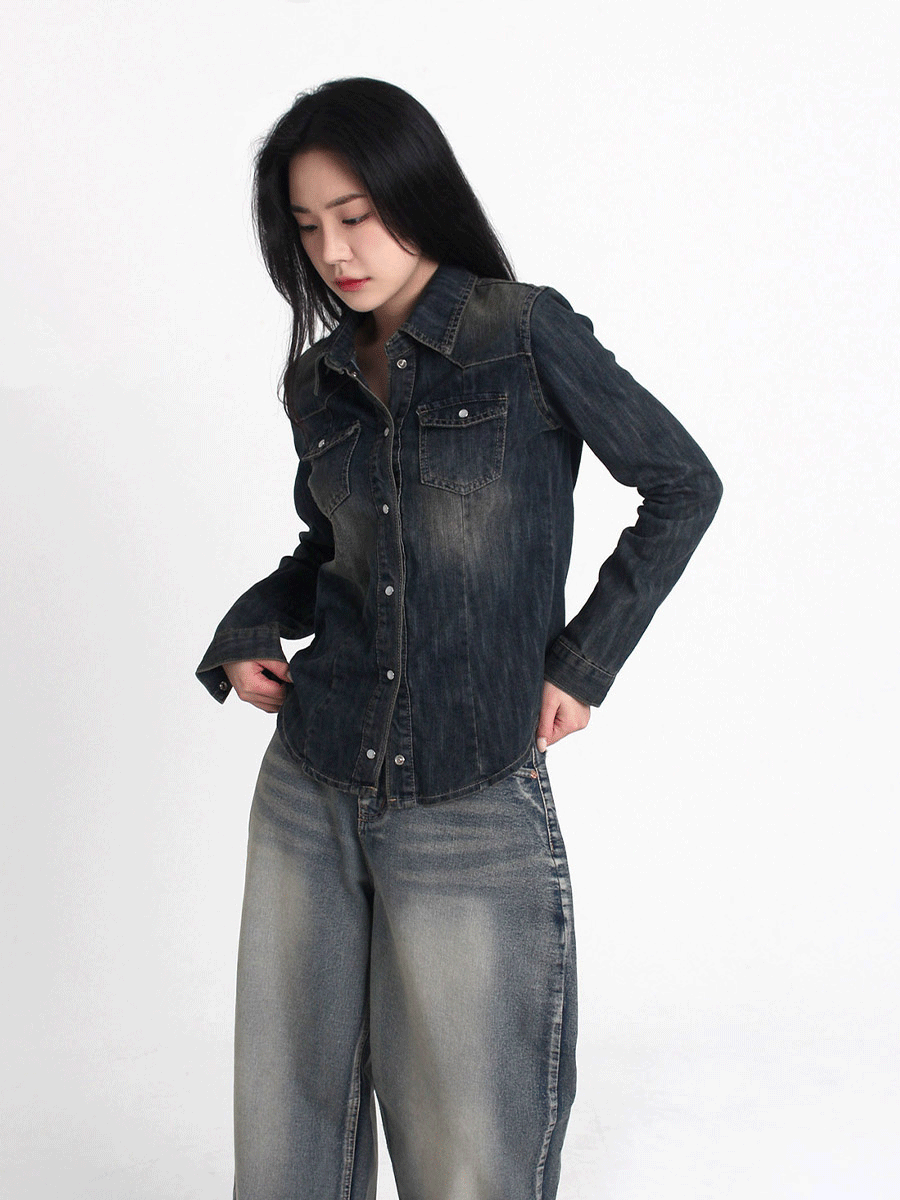 데이앤코드 (3size) 틴워싱 슬림 데님 셔츠