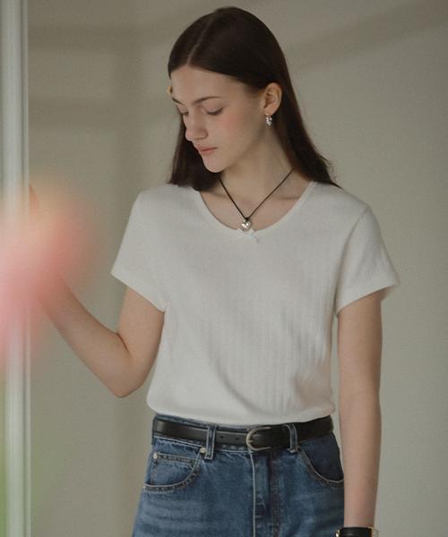 Ribbon point half sleeve eyelet t-shirt_Ivory