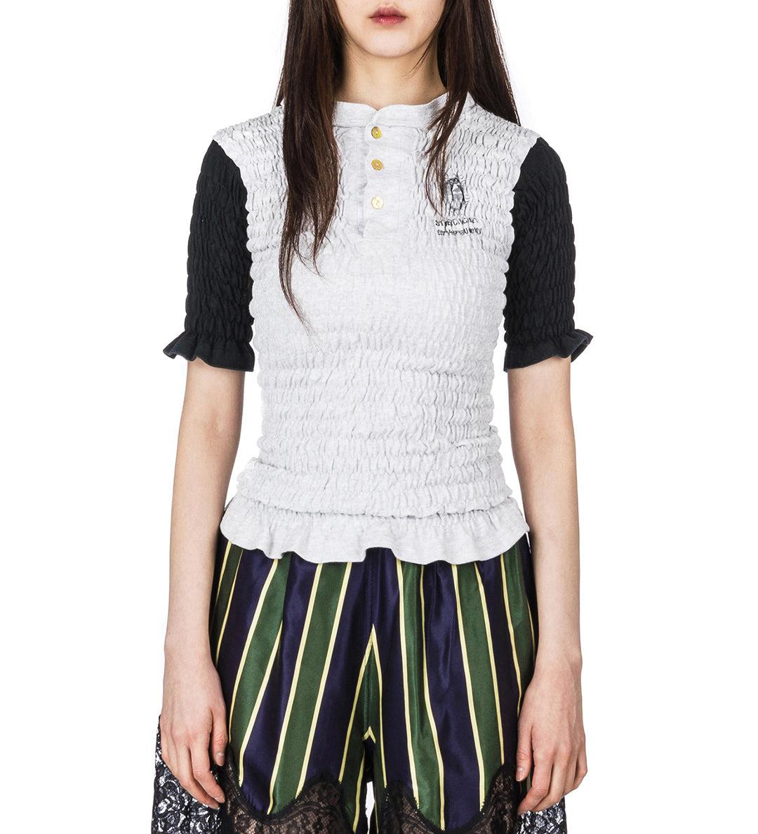 RECONSTITUTED SHIRRED HENLEY T-SHIRT MULTI MEDIUM#1 - M