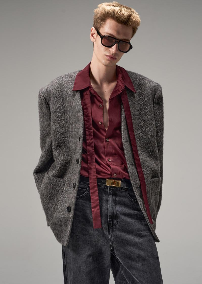 M COLLARLESS MOHAIR ALPACA JACKET - GRAY