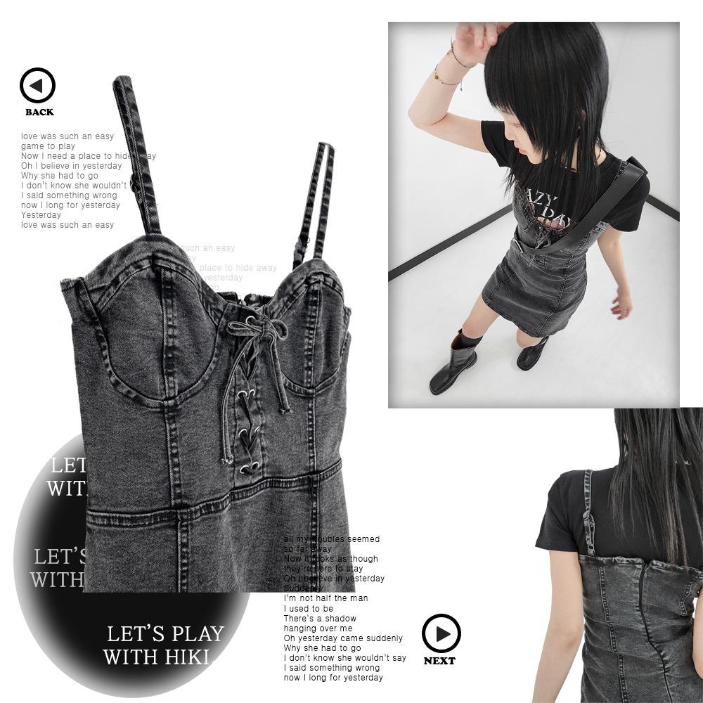 스판 슬림핏 코르셋 빈티지 흑청 데님 레이어드 나시 미니원피스