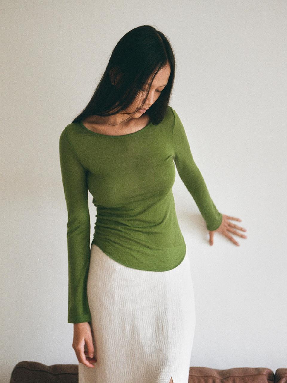 Round Semi Sheer Top - olive green