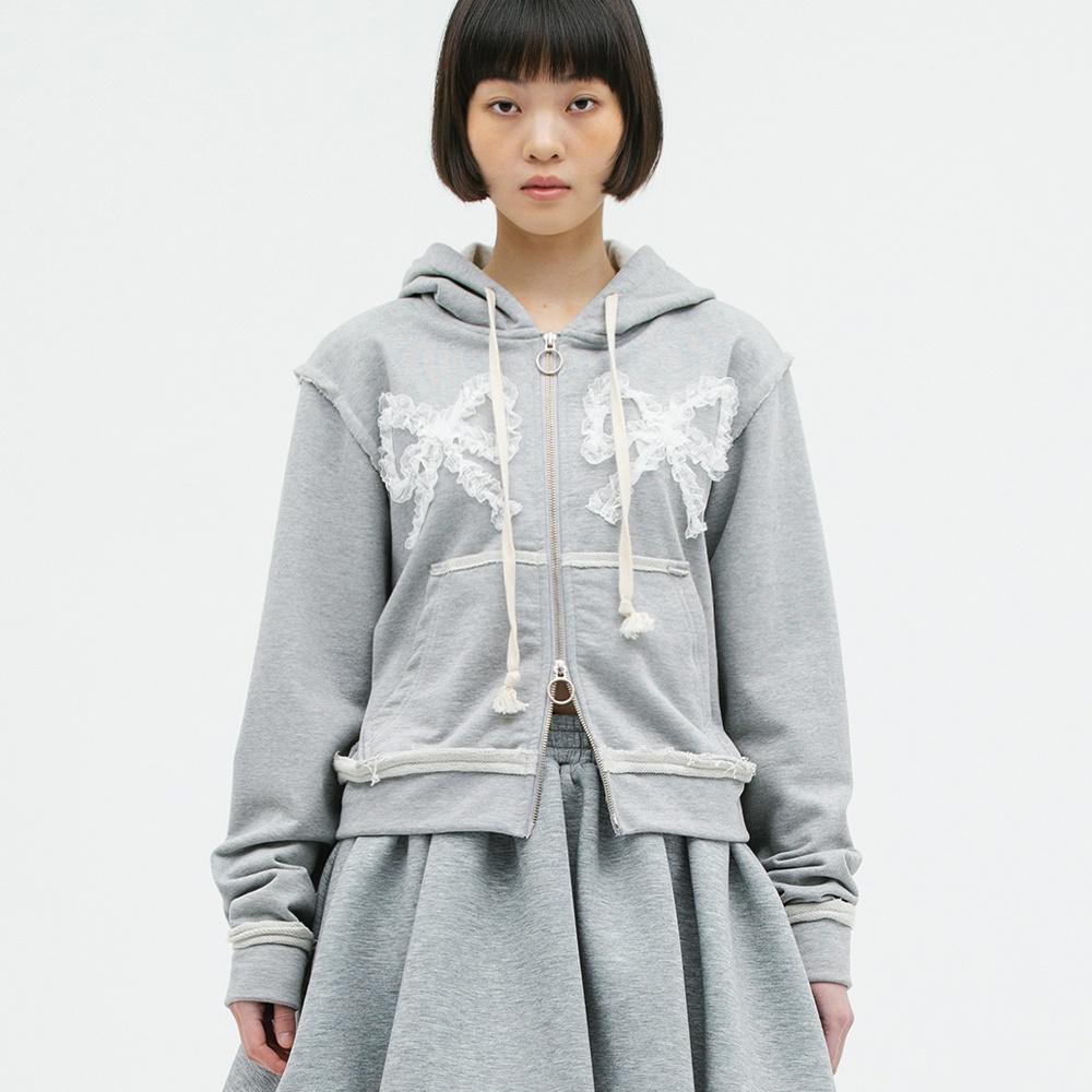 LACE RIBBON HOOD ZIPUP - GRAY